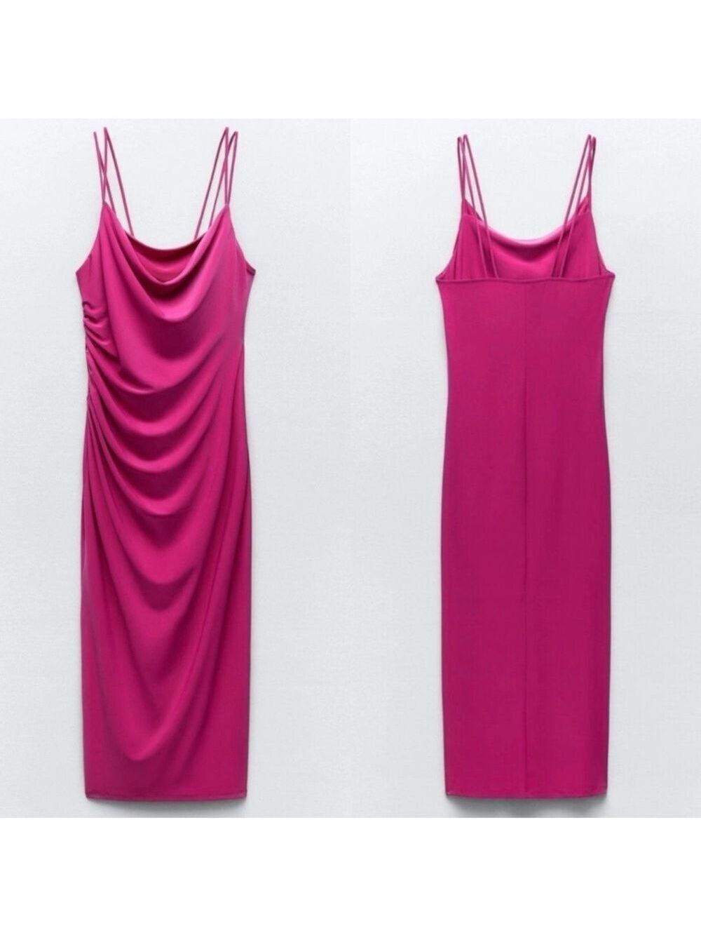 Zara fuchsia hot pink draped gathered cowl neck spaghetti strap midi dress NWOT